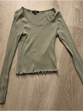 Ambiance Olive Ribbed Long-Sleeve Scoop Neck Top